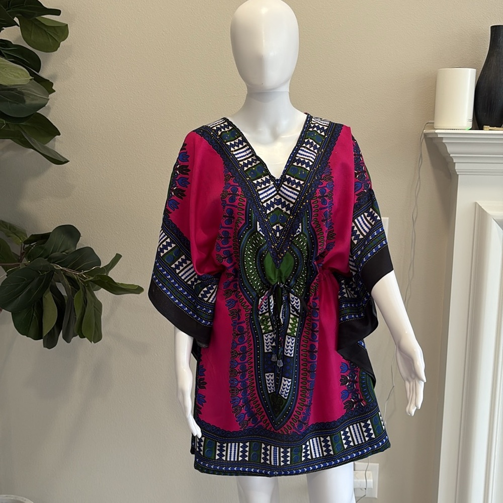 California Woman Aztec Border Patterned Caftan Beach Cover Up Drawstring Waist - Picture 12 of 13